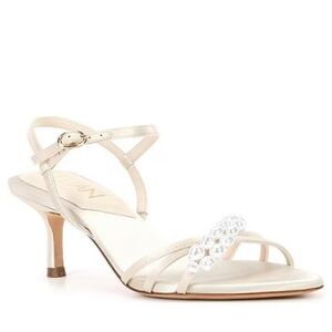 Deltan Heeled Sandals 10 Ivory Satin Ariatwo Pearls Bridal Wedding New $120
